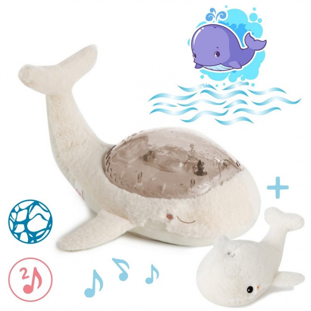 Cloud b Tranquil Whale White Family - Lampka z projekcją świetlną i grzechotką - Wieloryb biały