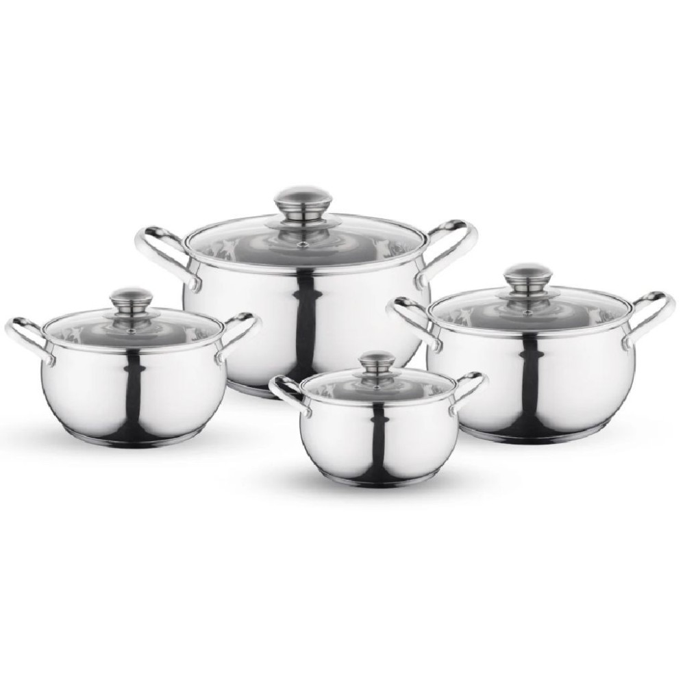 Zestaw Garnków Maron Inox 8 CZ. Polerowane (1,9L 2,6L 3,6L 4,7L +Pokrywki)