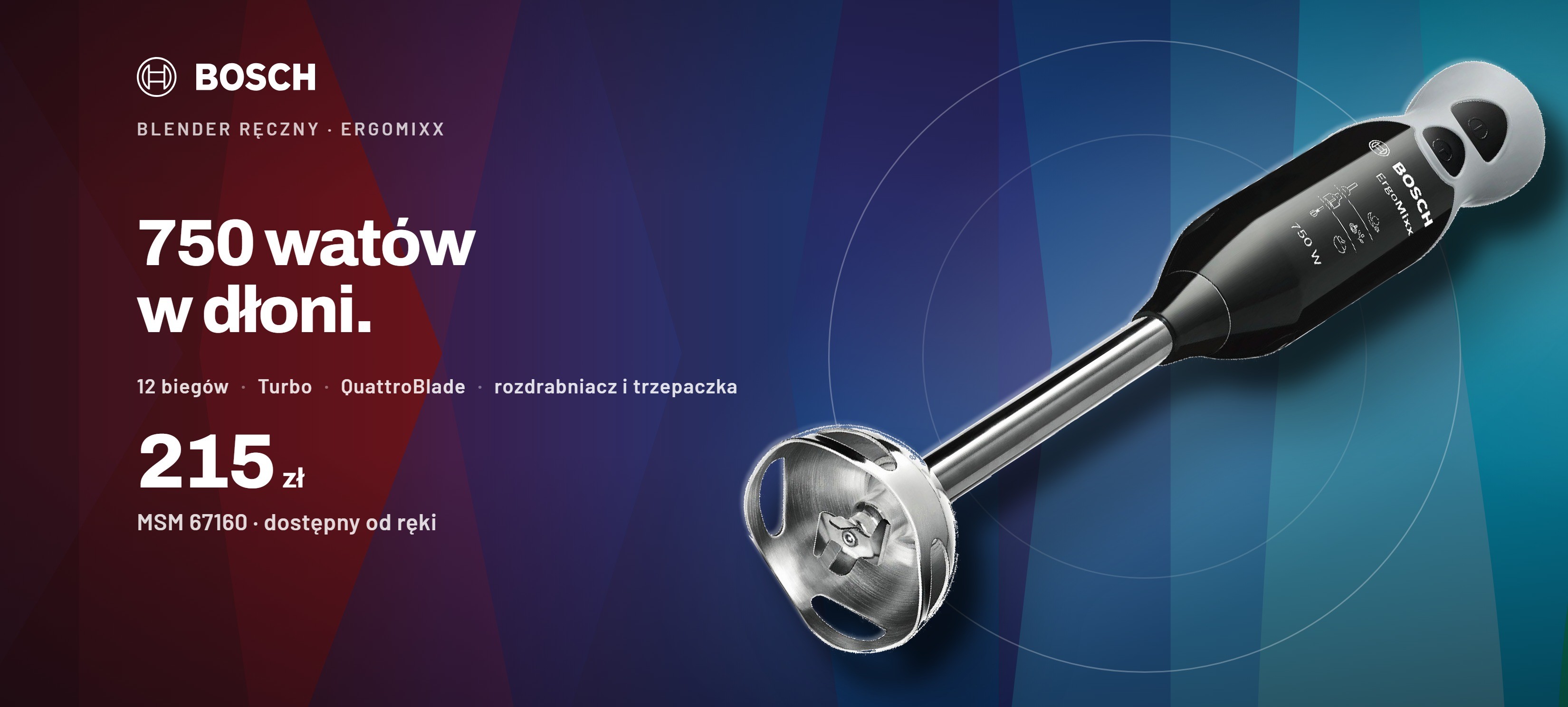Blender ręczny Bosch MSM 67160 ErgoMixx, 750 W, 12 biegów i Turbo — 215 zł